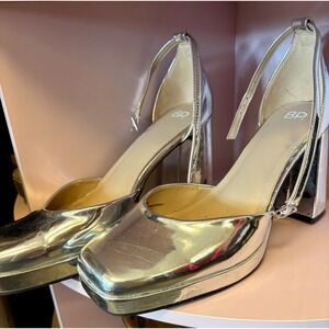 BP. Silver Metallic Platform Pumps Square Toe Block3.5” Heel Ankle Strap Size 10